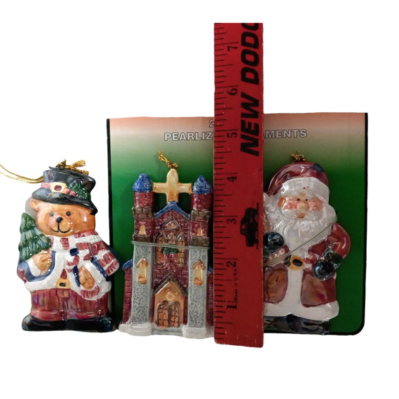🎄 Vintage Ornament Trio | Santa Church Bear 🧸3–4" Tall Holiday Splendor ✨ - Picture 7 of 14